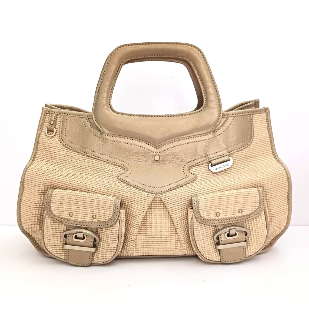 Charles David Textured Straw Burnished Gold Leather Top Handle Buckle Pockets